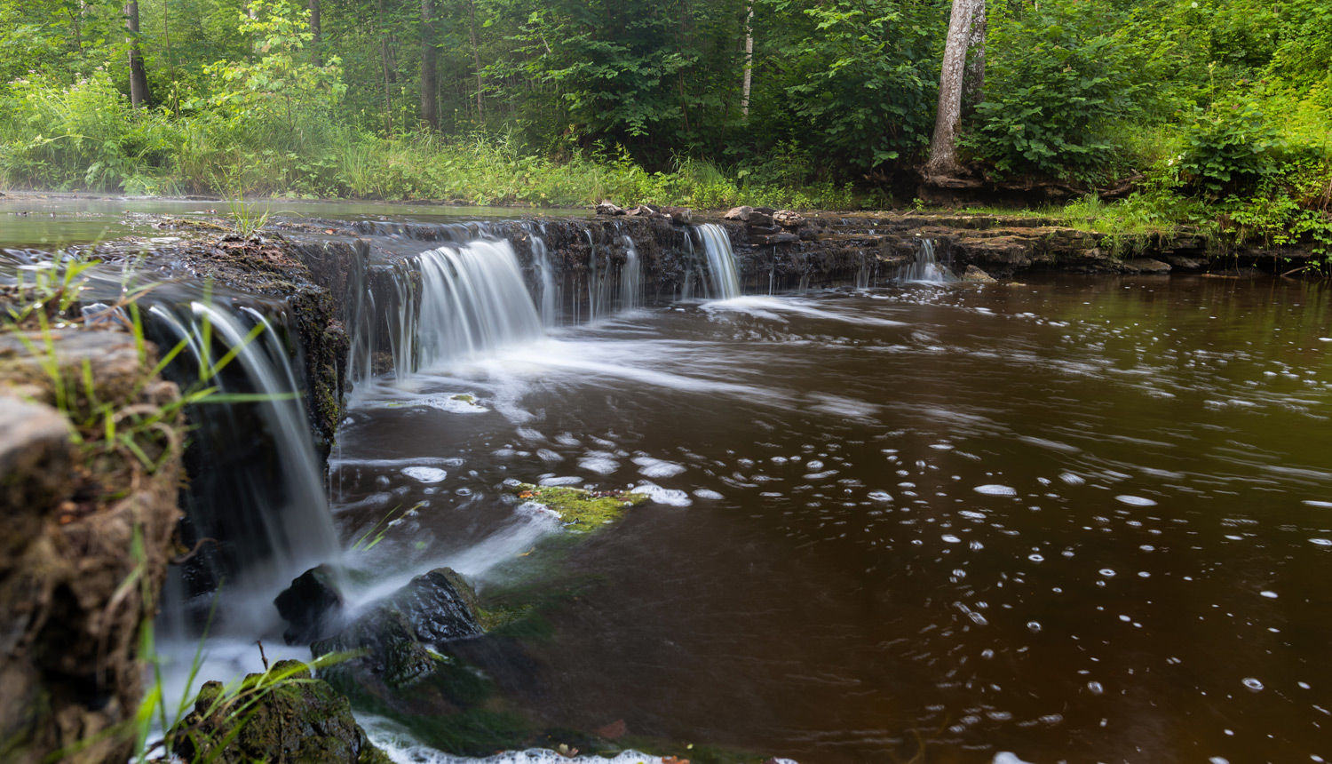 Ūdenskritums ar plūstošu, baltu ūdeni, kas krīt pāri tumšiem akmeņiem brūnganā upē, ko ieskauj zaļš mežs.